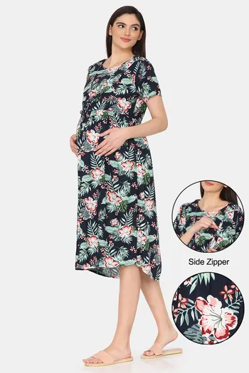 Buy Coucou Maternity Woven Mid Length Nightdress With Side Zipper And Discreet Feeding - Navy Peony